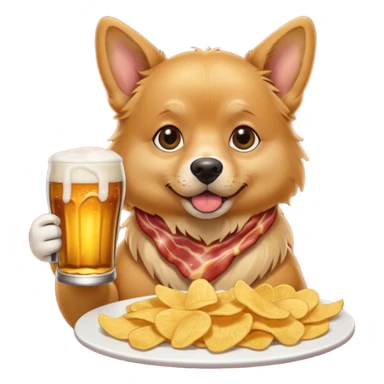 A realistic Dog eating chips and drinking beer on a piece of bacon sticker