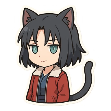 chibi Ryougi Shiki with cat ears and cat tail, Mystic Eyes of Death Perception, reserved and stoic expression, subtle smile, true to her personality sticker