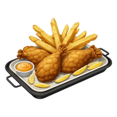 Piezas de pollo frito y papas fritas en baston sobre una bandeja rectangular plateada que contiene papel con patrón de cuadros blancos y negros  sticker