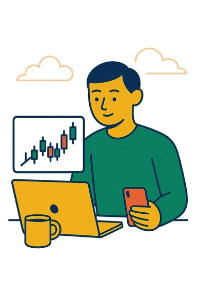 trading desk with laptop, phone, and cup of coffee, flat modern style, bright saturated colors including golds, greens, reds, minimal but expressive, universal look sticker