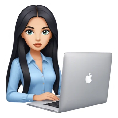 Glamours tanned very beautiful girl with pump peach/beige lips and black straight smooth long hair, blue-grey eyes with MacBook in office sticker