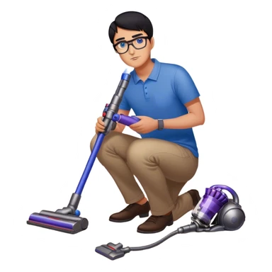 Man with black hair and blue eyes with glasses using Dyson wireless on the floor sticker