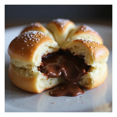A Brioche Pasquier pitch pastry being crunched open, revealing gooey chocolate filling inside, in a realistic and appetizing style sticker
