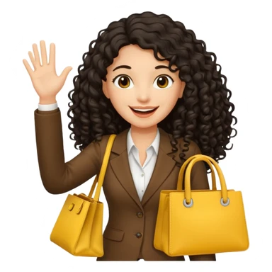 medium deep tan brown business woman with long black curly hair, waving hand with happy face with smile mouth and carrying yellow bag on her shoulder sticker