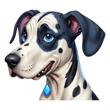 Cinematic Comical Harlequin Great Dane Portrait Emoji, Head tilted dramatically with an exaggeratedly shocked or amused expression, featuring a striking coat of predominantly white with vivid black patches, wide, expressive blue eyes filled with playful disbelief, Simplified yet hilariously expressive features, highly detailed, glowing with a slightly sassy glow, high shine, dramatic yet playful, stylized with an air of cheeky charm, bright and endearing, soft glowing outline, capturing the essence of a spirited and over-the-top guardian, so meme-worthy it feels like it could side-eye its way into internet fame instantly! sticker