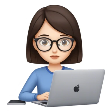 chica blanca con pelo castaño oscuro con gafas de vista, que se vea trabajando con un portatil sin logo  sticker