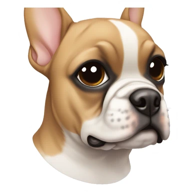 Light brown Frenchie with a white stripe on face and a black eye and a black spots sticker