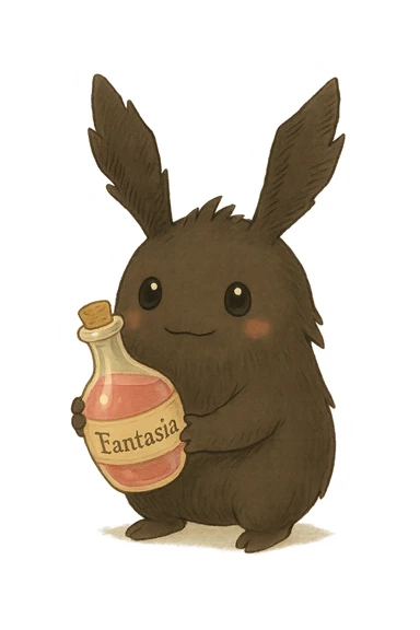 Final Fantasy spriggan holding a bottle of Fantasia, soft and whimsical ghibli style sticker