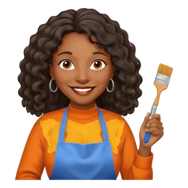 FEMME FRISÉ 60 ANS CHEVEUX NOIR FRISÉ ONDULÉ TRÈS  LONG , SOURIANTE AVEC CHANDAIL ORANGE ,   YEUX BLEU ET UN PINCEAU À LA MAIN LA MAIN AVEC 5 DOIGT SEULEMENT ET TABLIER sticker