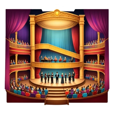 An icon depicting a theater stage with actors performing a play, illuminated by dramatic lighting. The audience watches from colorful balconies, while an orchestra plays in the pit, creating an immersive atmosphere. transparent background. sticker