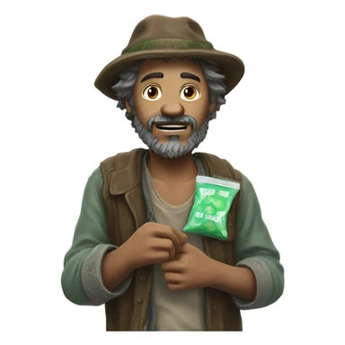 A hobo offering a mint sticker