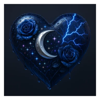 Create a gothic heart made of deep blue glass with a silver crescent moon, midnight blue roses, holographic stardust, neon lightning, drenched look, and splintered glass texture. The style should emulate the 3D emoji style with a focus on depth and shine. sticker