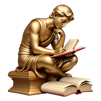 An icon featuring a thinker statue, a scroll, symbolizing philosophy. The design includes books and abstract symbols representing deep thought and wisdom. Transparent background highlights the study of ideas, logic, and existential questions sticker