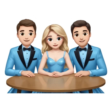 Sabrina carpenter in a light blue sparkly dress at a table with 3 handsome men, and she is standing up reaching over  sticker