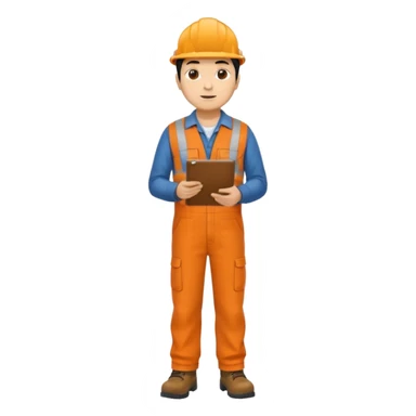 Indian male railway engineer orange overalls, boots holding a clipboard facing backwards sticker