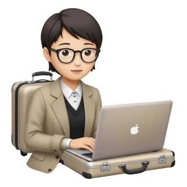 페르소나 요약 : 교환학생을 준비하는 대학생
동양인 중성 20대의 상반신, 노트북을 보고 있으며 옆 한켠에는 캐리어가 함께 준비되어 있어요. sticker