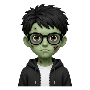 zombie boy with white tshirt and black brownish hair and with black glasses frames on hair is texturized young boy and round face more green face and dark brown eyes black y2k hoodie with the white t-shirt under it sticker