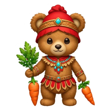 teddy bear, wearing red mayan ancient custome, with carrot sticker