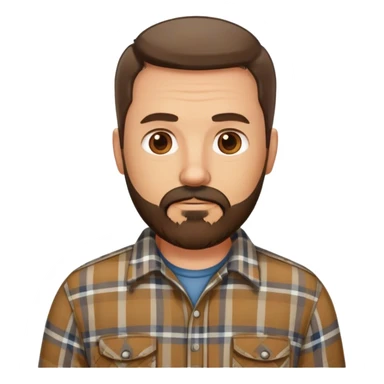 middle aged white man with dark brown beard and goatee  standing, wearing a plaid shirt sticker
