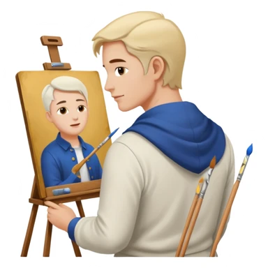 the white artist stands with his back to the painting, painting a portrait sticker