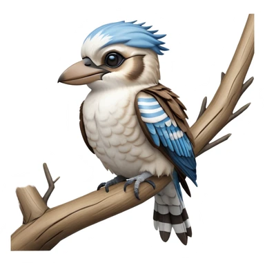 cinematic-kookaburra-realistic-full-body-perched-emoji,-compact-sturdy-frame-balanced-on-a-weathered-branch,-blue-and-white-feathered-wings-folded-neatly,-bold-striped-face-with-a-mischievous-glint-in-its-eye,-massive-sharp-beak-slightly-open-as-if-ready-to-laugh,-simplified-yet-realistic-focused-features,-highly-detailed,-glowing-with-a-warm-golden-light sticker