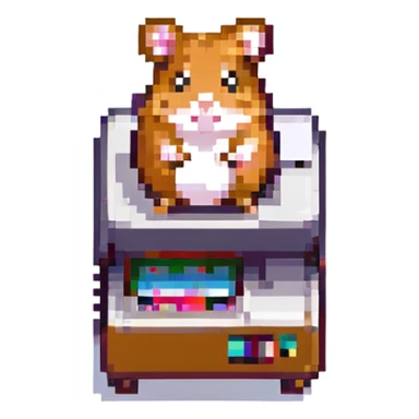 small hamster standing on a printer, pixel art sticker
