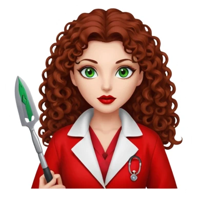 Lilith symbol seductress evil woman. She has green eyes.  had brown long curly hair.  evil surgeon kills with scalpel wears red sexy doctor coat with red mouth cover sticker