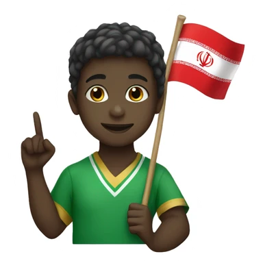 A dark-skinned boy with an Iranian flag and a victory sign sticker