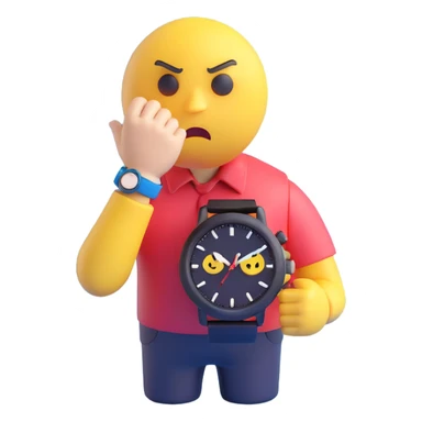 A yellow emoji face with a worried expression, looking at a wristwatch with raised eyebrows, showing urgency and stress sticker