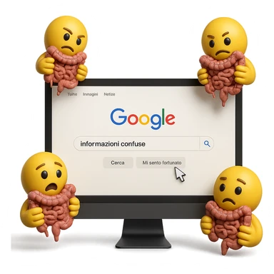 SCHERMO DI PC CON LA SCRITTA "informazioni confuse" SULLA BARRA DI RICERCA GOOGLE SULLO SCHERMO E IL CLICK DEL MOUSE SULLA SCRITTA CERCA, stile emoji iphone fluttuano in aria stringendo in mano un pezzo di colon intestinale, iperrealistico 4k sticker