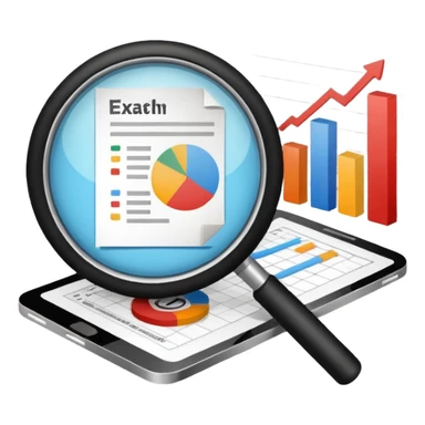 Checking and auditing estimate documents with search icon and infographic chart sticker
