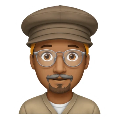 Brown man with hat no hair, but gray goatee, clear glasses and slightly smiling sticker