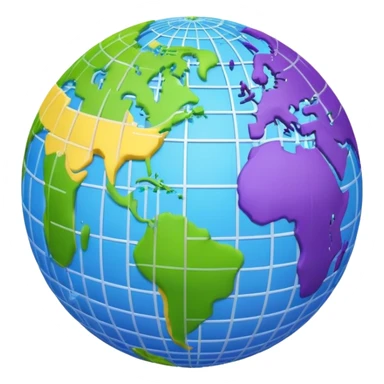 Emoji of planet Earth in a grid pattern, using blue, purple, yellow, and green. Clean, modern, and minimalistic sticker