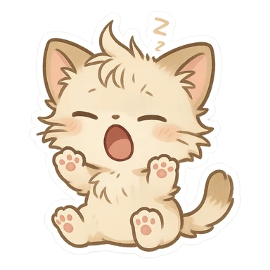 chibi style cat waking up, tiny paws, messy fur, cute expression sticker