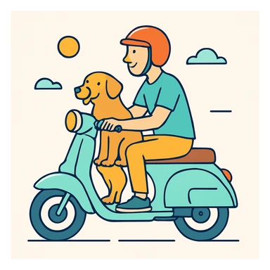 color vector art with thin outline of man and pet dog riding a scooter sticker