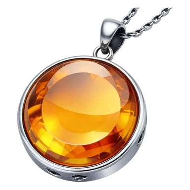 extreme close up of a round cut holographic amber charm with silver metal accent and curb chain sticker