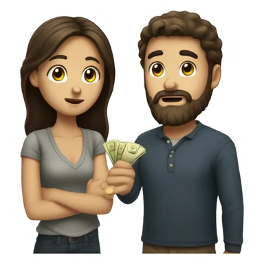 Brunette girl asking for money from her brunette boyfriend with a beard sticker