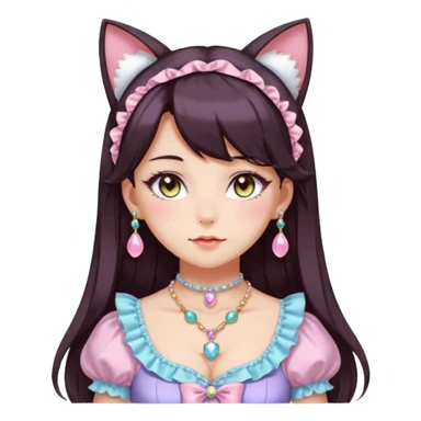 Gorgeous spectacular epic realistic mature anime-styled smooth soft shiny romantic pastel anime style lady with blushing cheeks, cat ears, long beautiful luscious stylish hair, big pretty eyes, dark-brown hair, colorful pastel Lolita dress, necklaces, jewels sticker