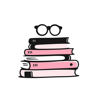 A pile of pink books with glasses on top sticker