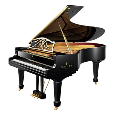 Create an elegant and detailed emoji representing the Seiler 278 Konzert grand piano. The design should feature the grand piano's polished black body with shiny, reflective surfaces, capturing its high-quality craftsmanship. The black and white keys should be clearly visible, with the curved shape of the grand piano’s body and lid, which can be slightly open. Add visible details like the pedal system, the intricate wood finish on the frame, and the elegant legs of the piano. The musical notes should float around the piano, evoking the sound of a professional concert instrument. Use deep black, white, and gold tones to highlight its luxurious appearance. The background should be transparent. sticker
