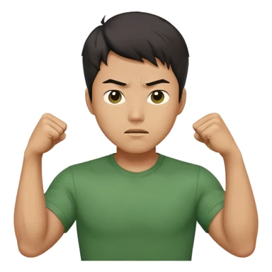 A determined Korean man in a green shirt, clenching his fist with a confident expression. Emoji-style digital illustration sticker