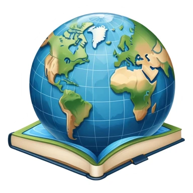 an icon featuring an earth with atitude and longitude lines, a textbook, and a topographic map, symbolizing geography as a science. The design includes a compass, mountain ranges, and rivers, representing the study of Earth's features and landscapes. Transparent background highlights geography. sticker