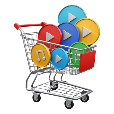 shopping cart containing several circular play button symbols, colored #DEEB52 and #102C3D sticker