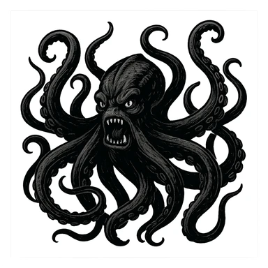 black fierce kraken, tentacles raised, aggressive expression, stylized as a dramatic sea monster, dynamic and detailed illustration sticker