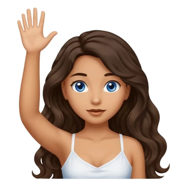 Girl with olive skin, blue eyes, brown dark insanely wavy long hair, white camisole, raising hand sticker