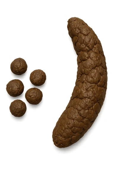 immagine di due tipi di feci iperrealistiche viste dall'alto con descrizione:
Tipo 1 – Feci caprine
Palline dure, separate, simili a noci

Tipo 2 – Feci a forma di salsiccia ma grumose
Massicce e disidratate.
 sticker