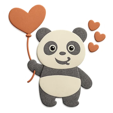 Make the panda's eyes look normal (open and happy), keep the design, pose, heart-shaped balloon, hearts, and paper-craft style unchanged sticker