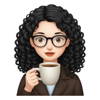 Girl curly long black hair wearing glass with drinking coffee sticker