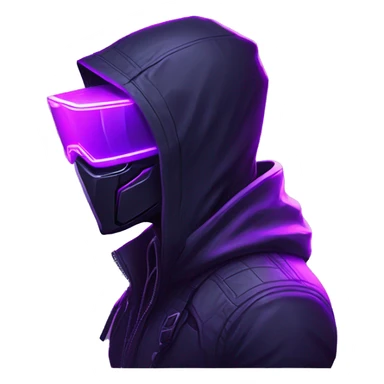 Side view developer behind his laptop with this style : crysis Cyberpunk Valorant neon glowing bright purple character purple violet black hooded assassin themed character sticker