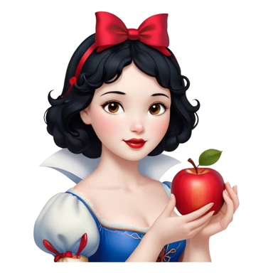 Cinematic Realistic Snow White Portrait, depicted with lifelike skin texture, soft natural lighting, and intricately detailed black hair styled with a red ribbon. Her soft brown eyes radiate innocence and kindness, complemented by a warm, gentle smile. She holds an apple in one hand, her other hand resting against her cheek, embodying her purity and charm. She is dressed in her classic yellow, blue, and red gown, the fabric rich in texture with delicate folds that catch the light beautifully. The portrait features a soft, natural glow with a radiant finish, capturing the essence of timeless beauty in a realistic and painterly style. sticker